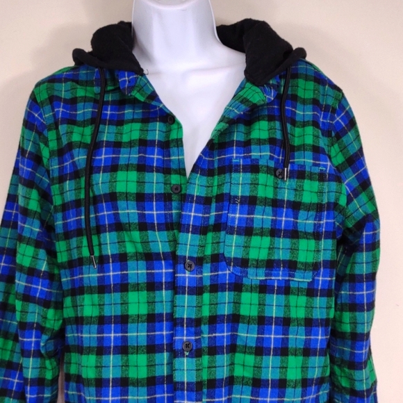 Rue 21 Size Small Green & blue hooded button down flannel shirt - Picture 3 of 9